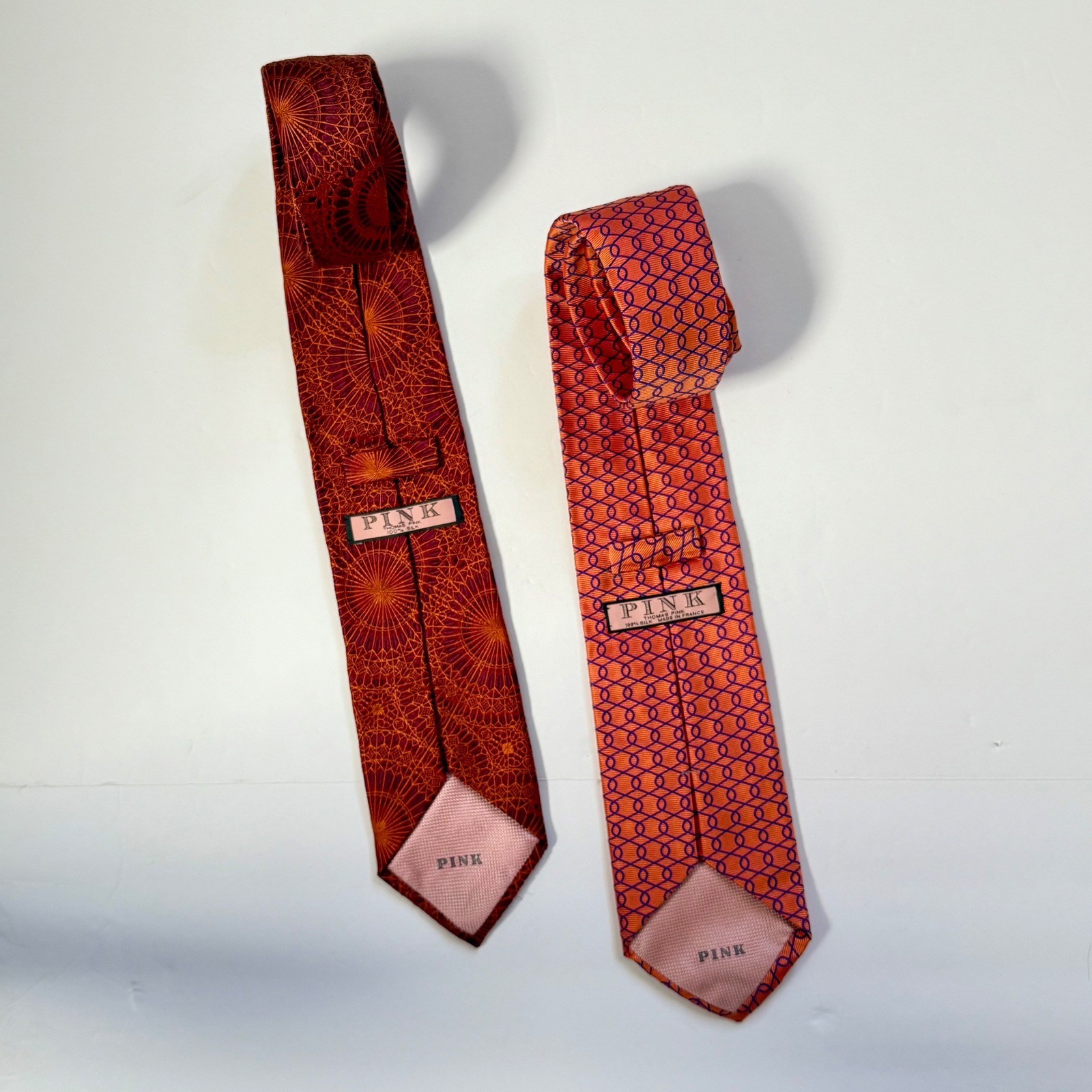 Thomas Pink Necktie Silk Tie Geometric Made in France Coral Burgundy Lot of 2