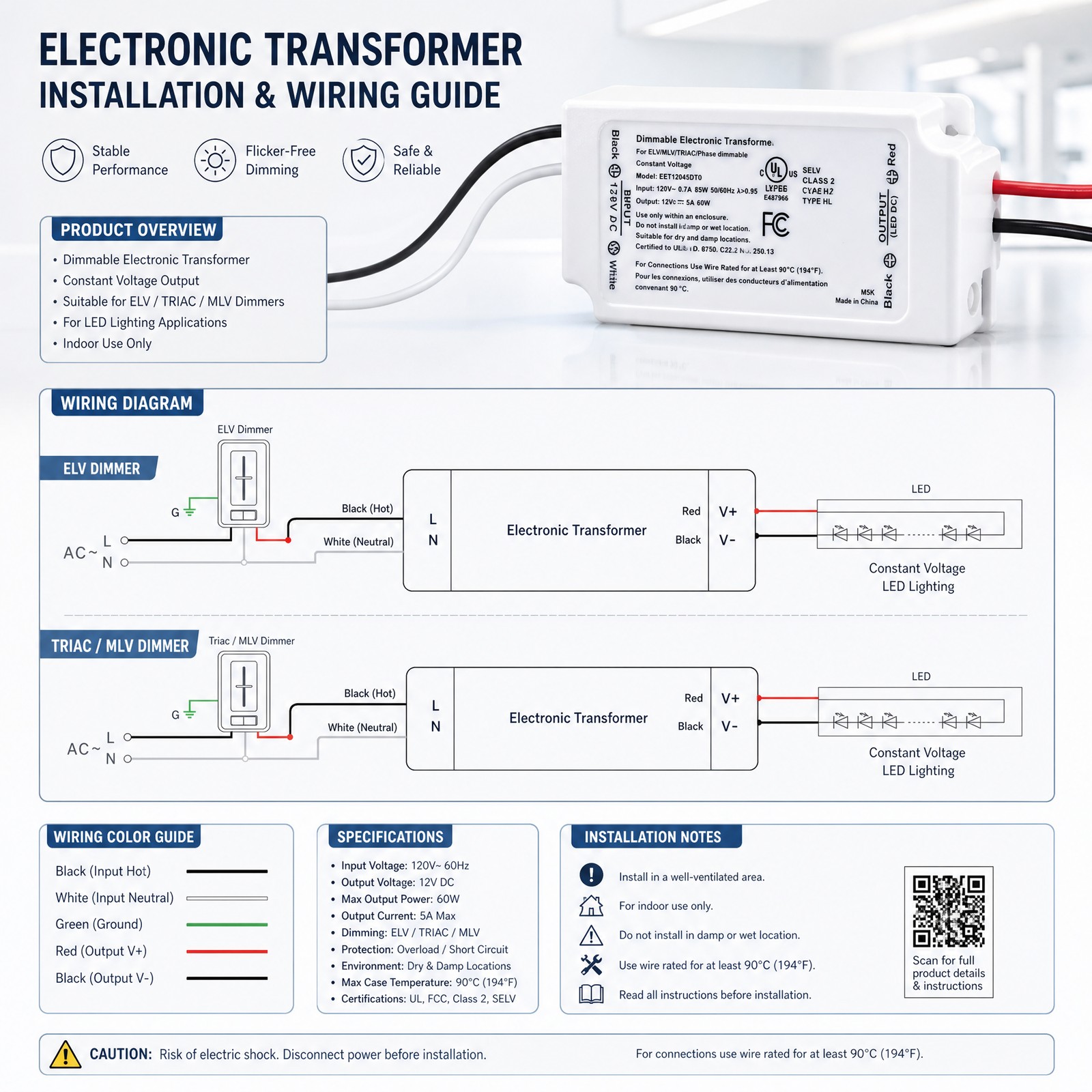 24V 96W Dimmable LED Driver, Triac ELV/MLV LED Transformer for Light