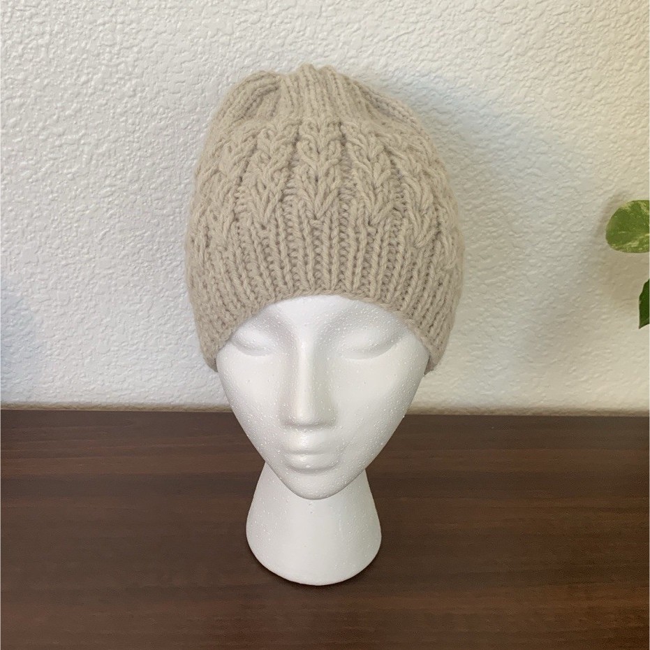Handmade Beige Cable Knit Beanie Hat Knitted Yarn Stretch 9x10 in Winter Women