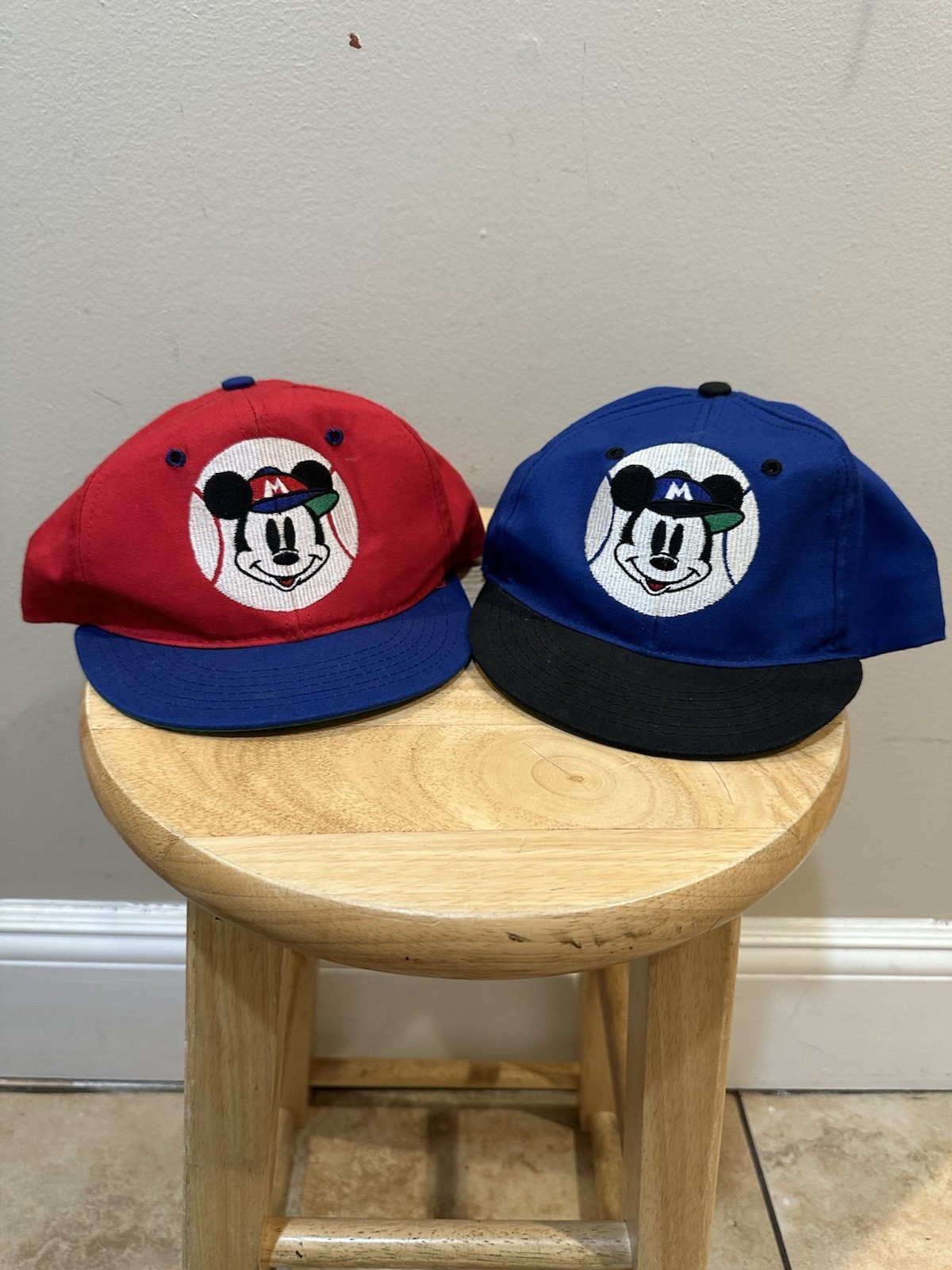 Vintage Disney Mickey Mouse Baseball SnapBack Hat Set Red Blue Kids Made In USA