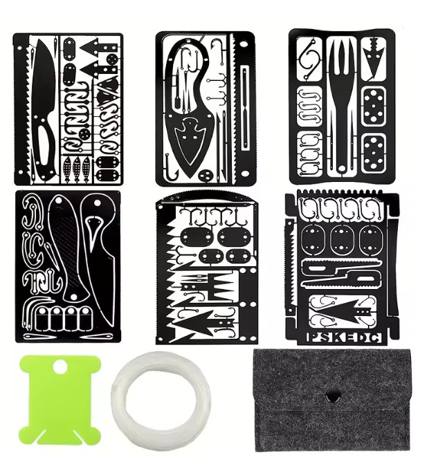 6pc Black Multitool Card EDC Survival Wallet Kit Camping Hunting Fishing Tool