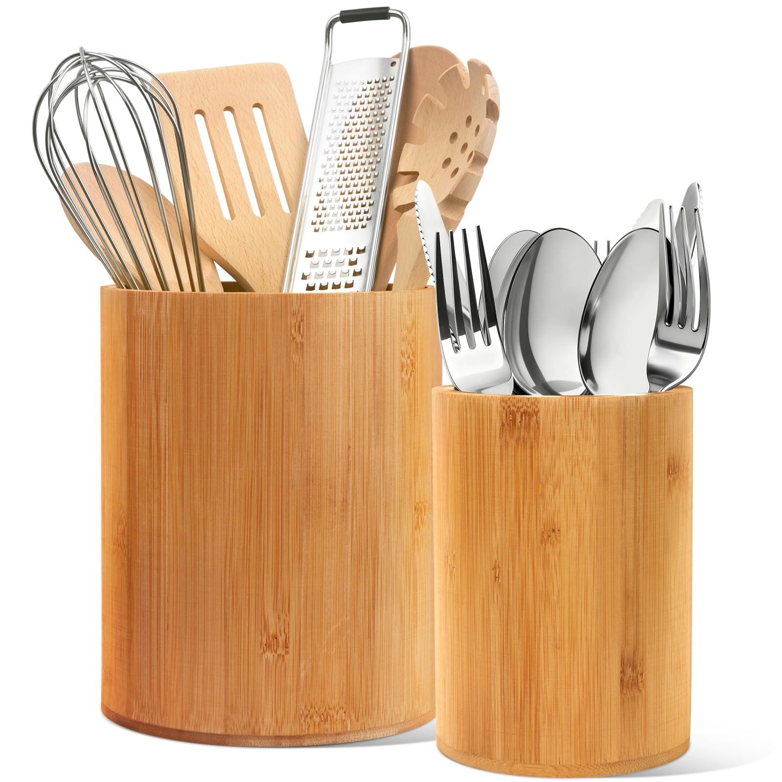 Bamboo Utensil Holder, 7.3"+5.4" Set of 2 Utensil Holders for Kitchen Counter...