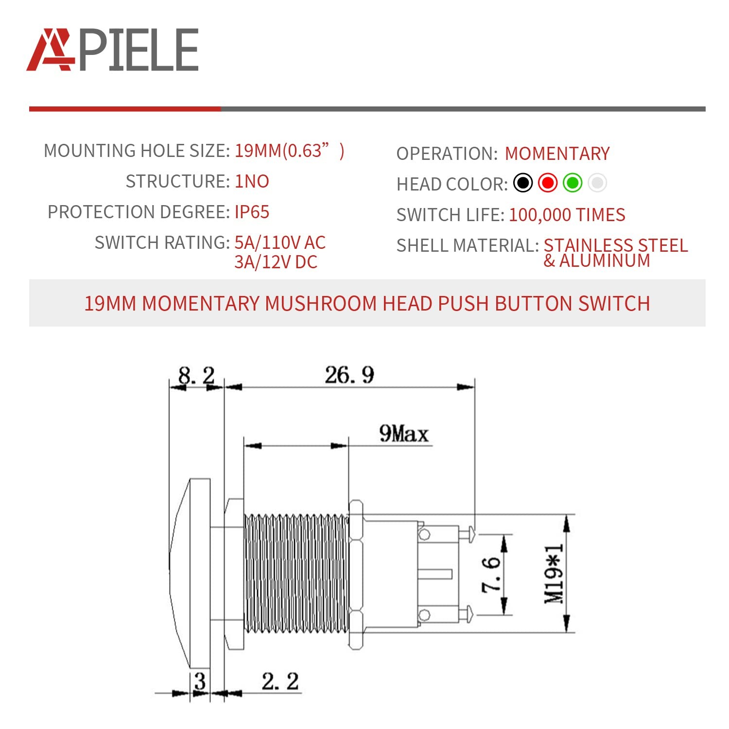 APIELE 19MM Mushroom Head Push Button Switch Momentary 19mm, Red