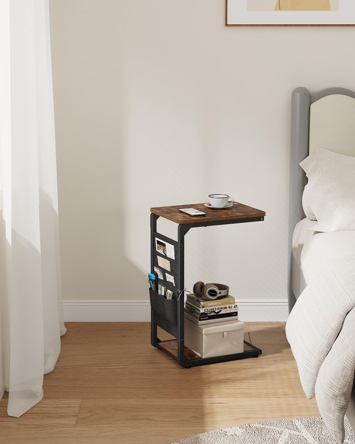 Narrow C-Shaped End Table W/ Storage Bag Small Couch Side Table Sofa TV Tray
