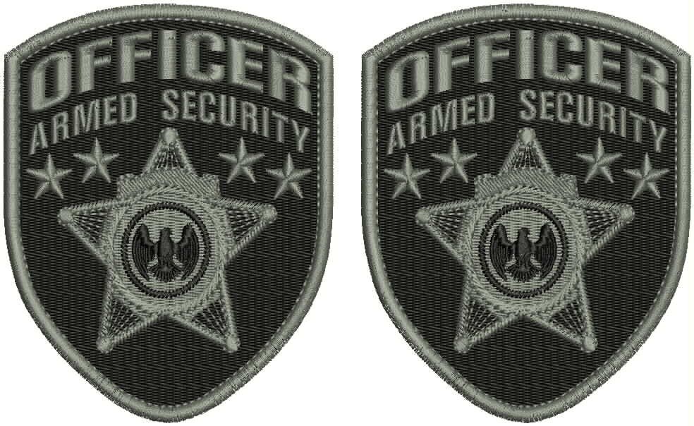 OFFICER ARMED SECURITY 2 EMB PATCH SHOULDER 4.5X3.7 5 HOOK ON BACK GREY ON BLACK