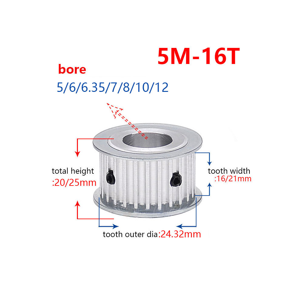 5M 16T Timing Belt Pulley Gear Wheel Sprocket 5-12mm Bore for 15/20mm Width Belt