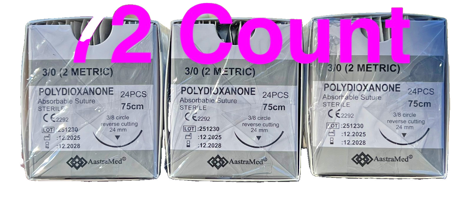 PDS PDO 3/0 Veterinary Suture 72ct Reverse Cutting 24mm 3/8 Circ Surgical Dental