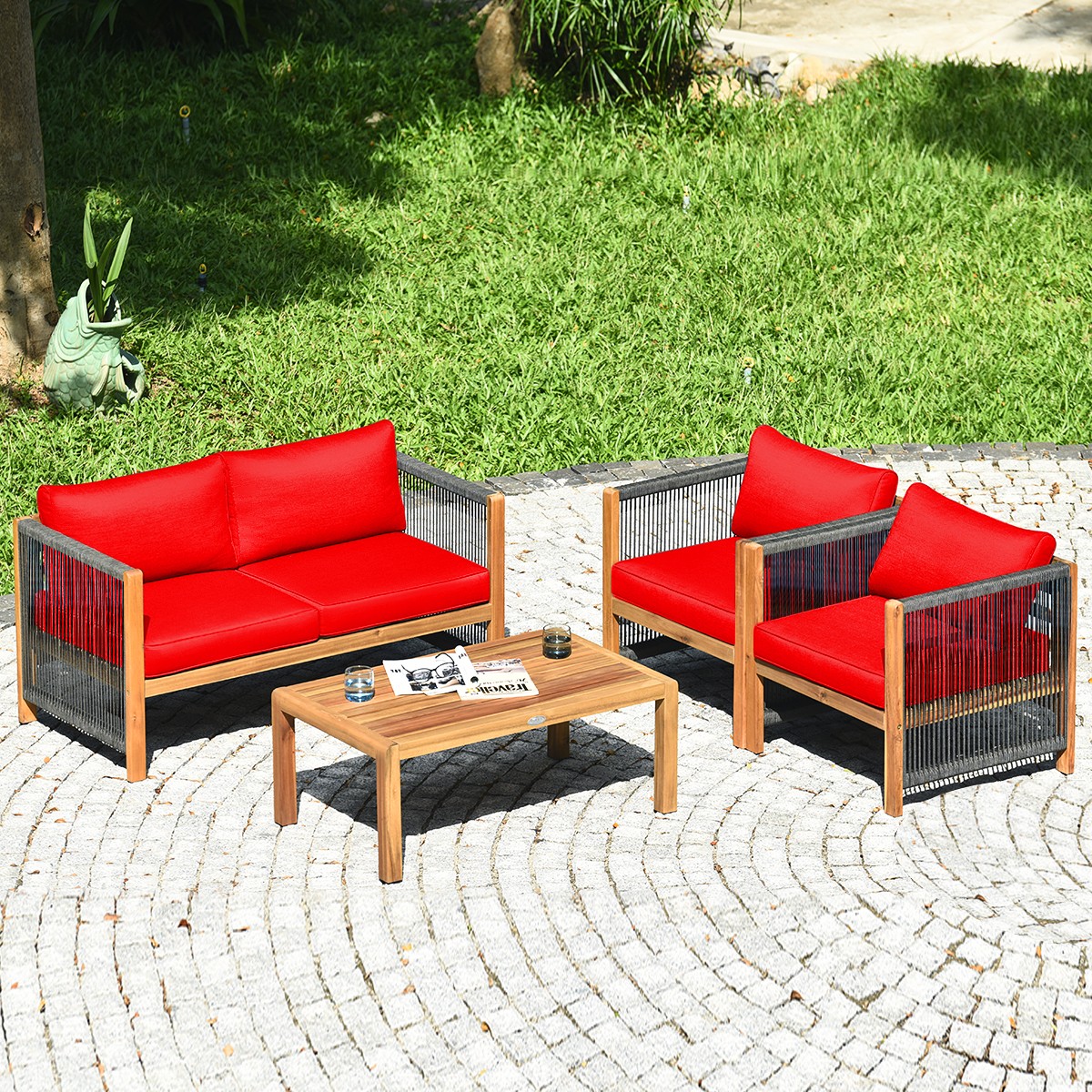 Patiojoy 4PCS Acacia Wood Patio Furniture Set Cushioned Sofa W/Rope Armrest Red