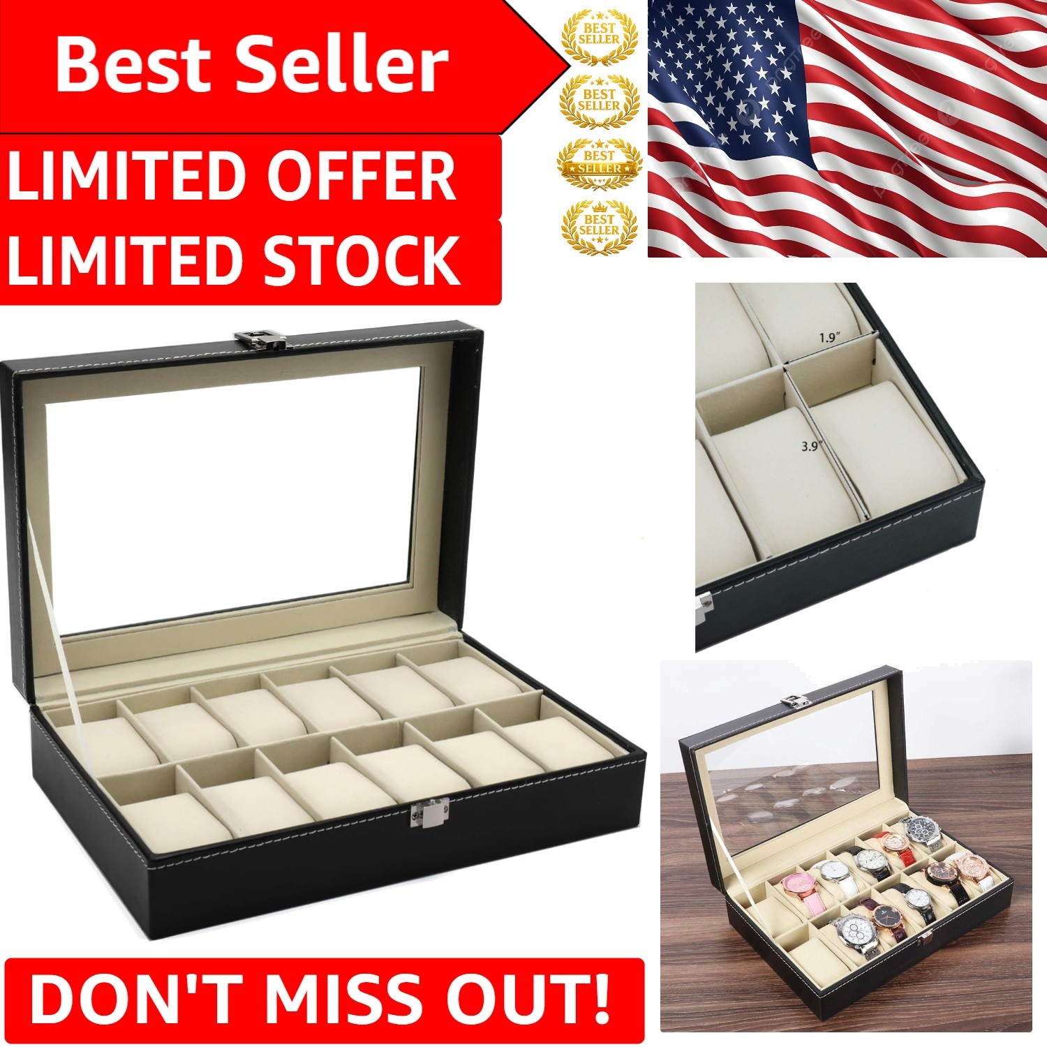 Multi-Functional Leather Watch Box with Framed Glass Top - For Watches & Jewelry