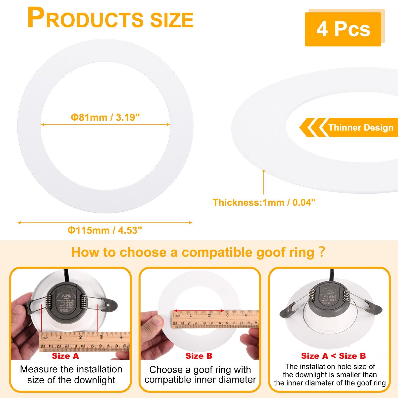 Goof Rings for 3 1/2 Inch Recessed Lights, ID 3.2" x OD 4.5", 4 Pcs, White