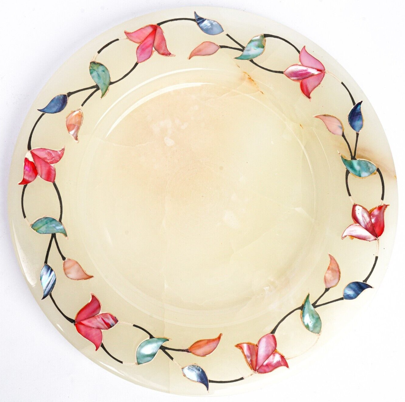 Natural Green Onyx Plate with Colorful Carved Seashell Border –8" Coastal Accent