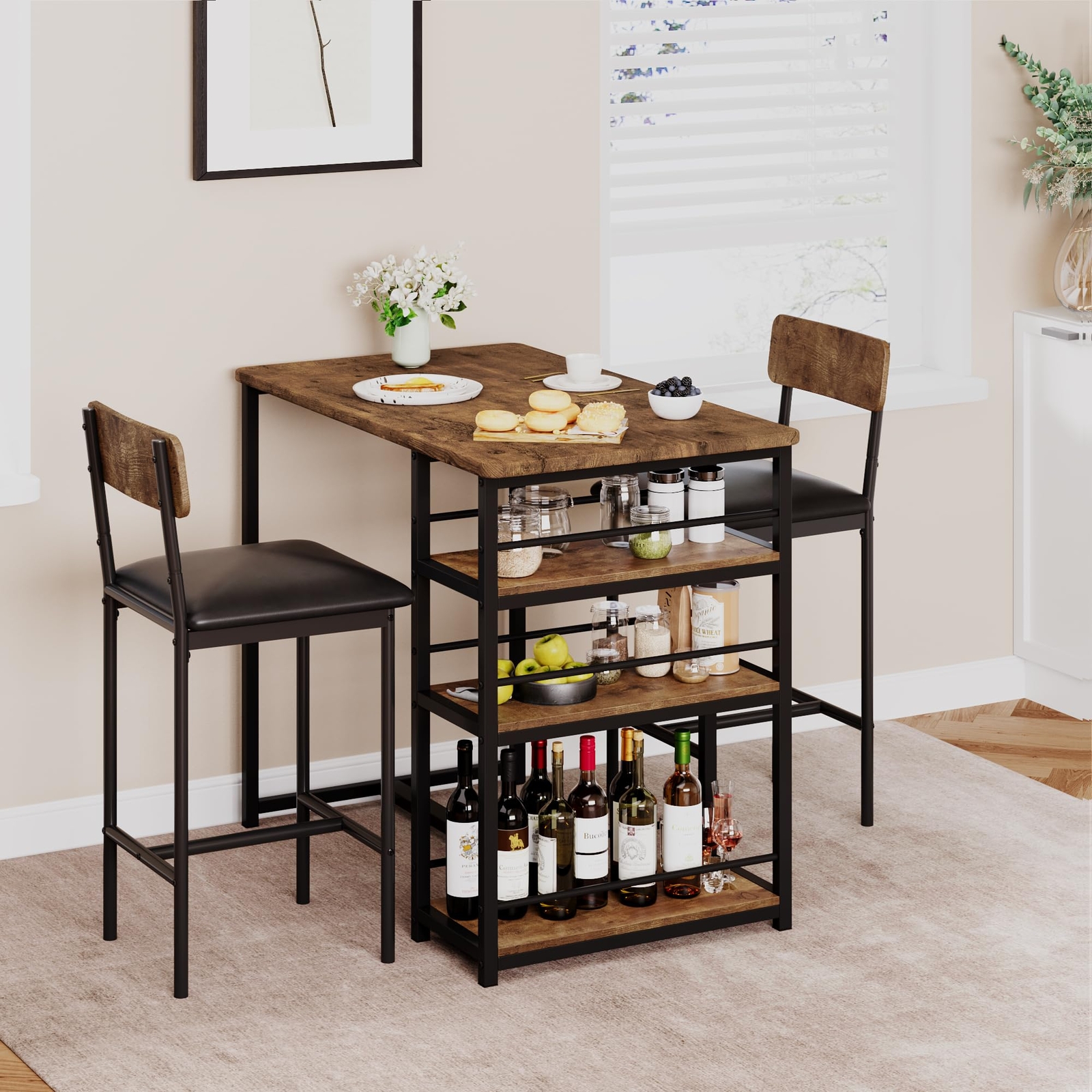 Kitchen Table with 2 Chairs Modern Dinette Dining Table Set w/ Storage Shelves