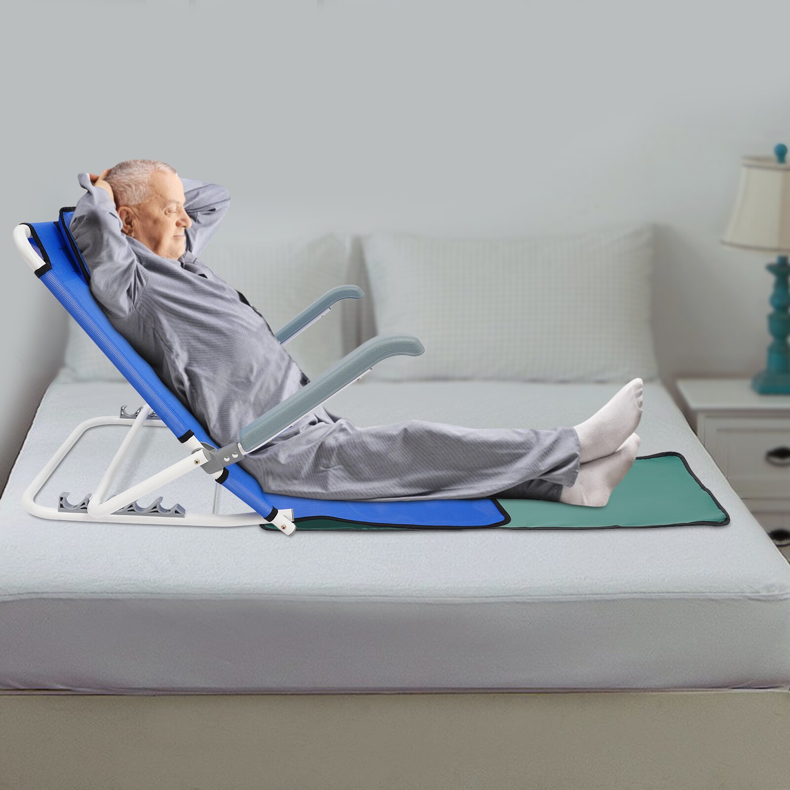 Adjustable Foldable Bed Backrest With Armrests Sit-Up Support Blue