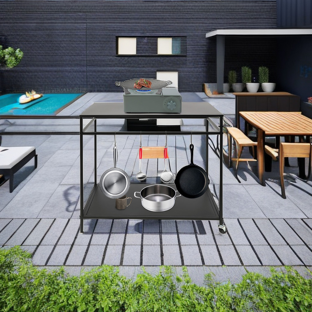 2-Shelf Outdoor Grill Cart Movable Cooking Kitchen Worktable Trolle W/ 4 Hooks
