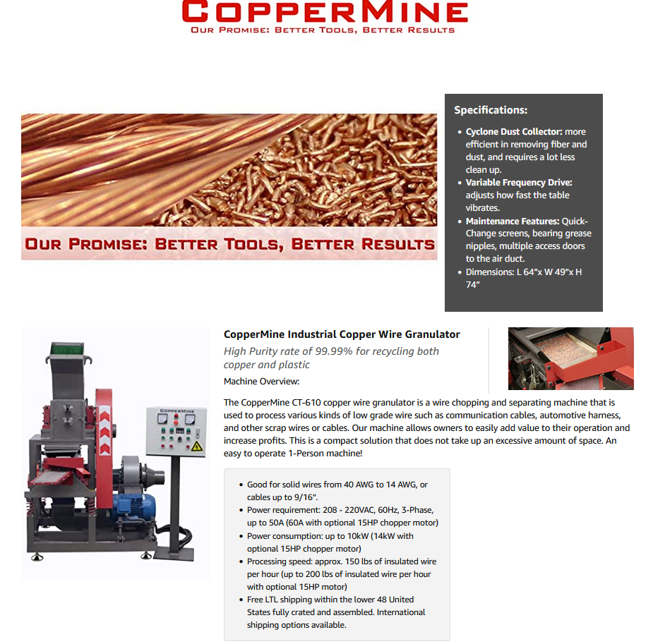 Industrial Compact Copper Wire Granulator Processes Low-Grade Copper Separation