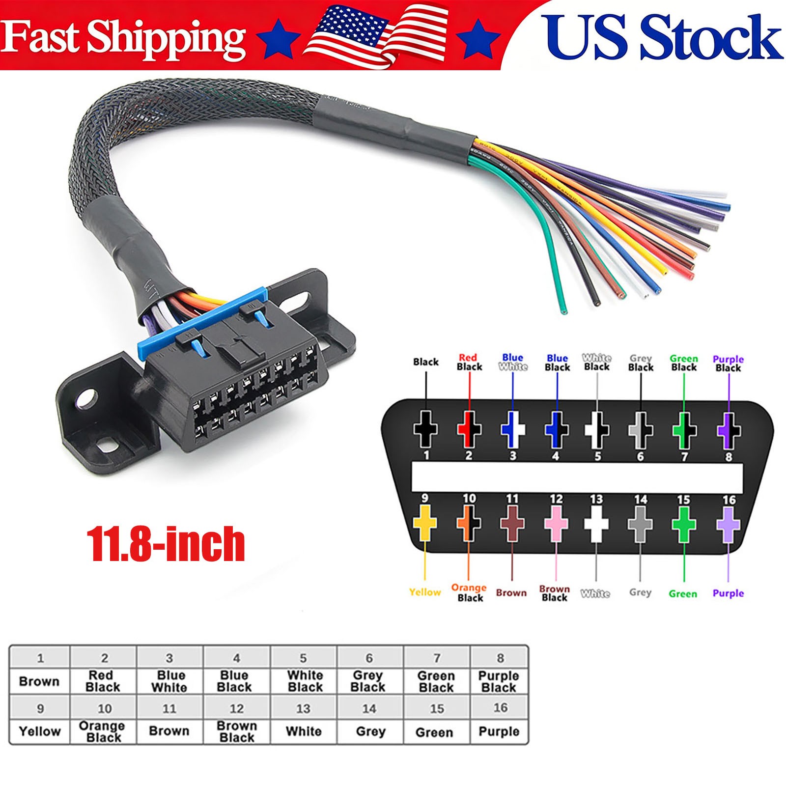 J1962 OBD2 Female to Open Pigtail Cable 16 Pin Replacement Port 30cm DIY