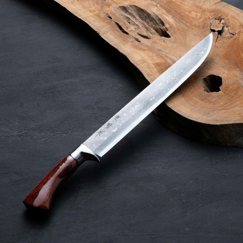 "AZUMASYUSAKU" Damascus Ranba(Wave Edge) Aogami Steel Hunting Knife 300mm(11.8")