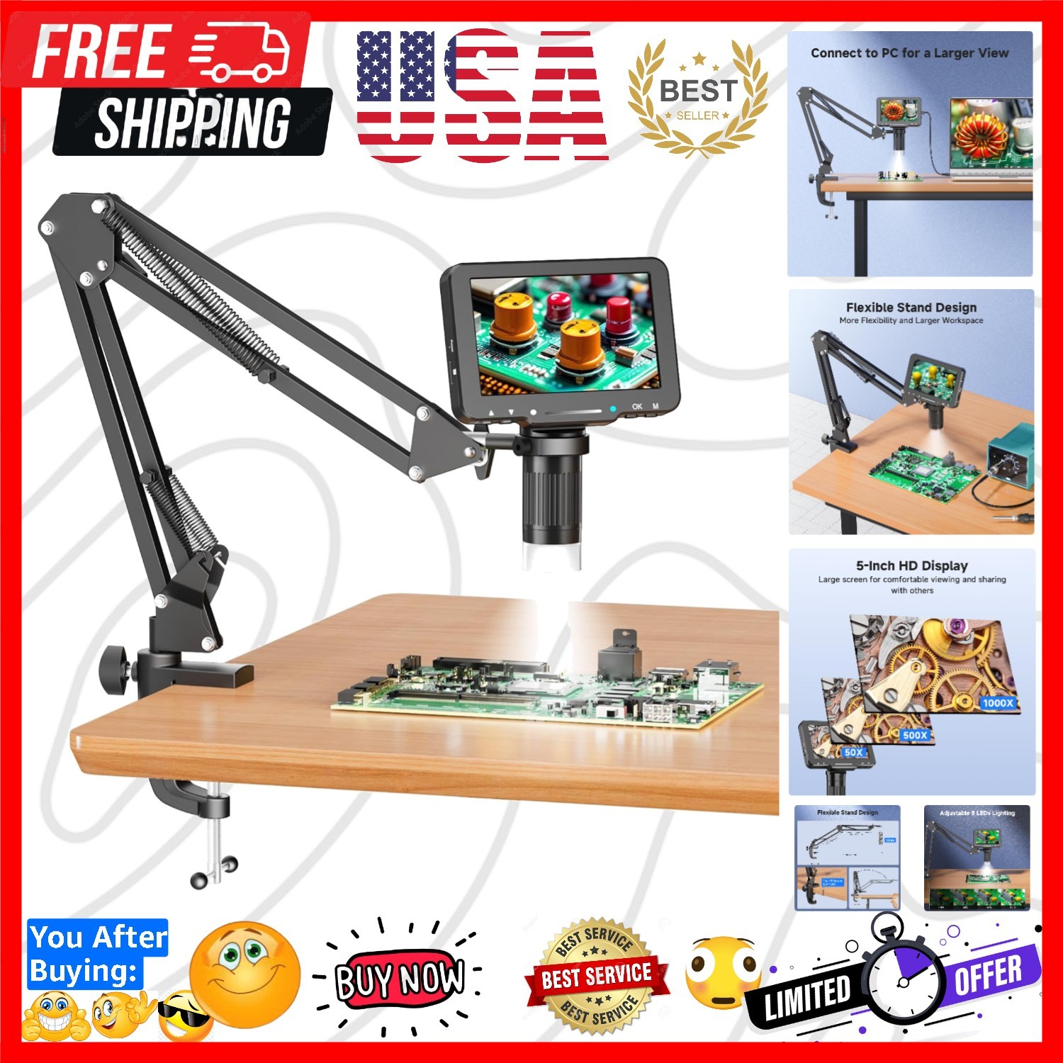5" LCD Digital Soldering Microscope with Flexible Stand, 1000X Magnification ...