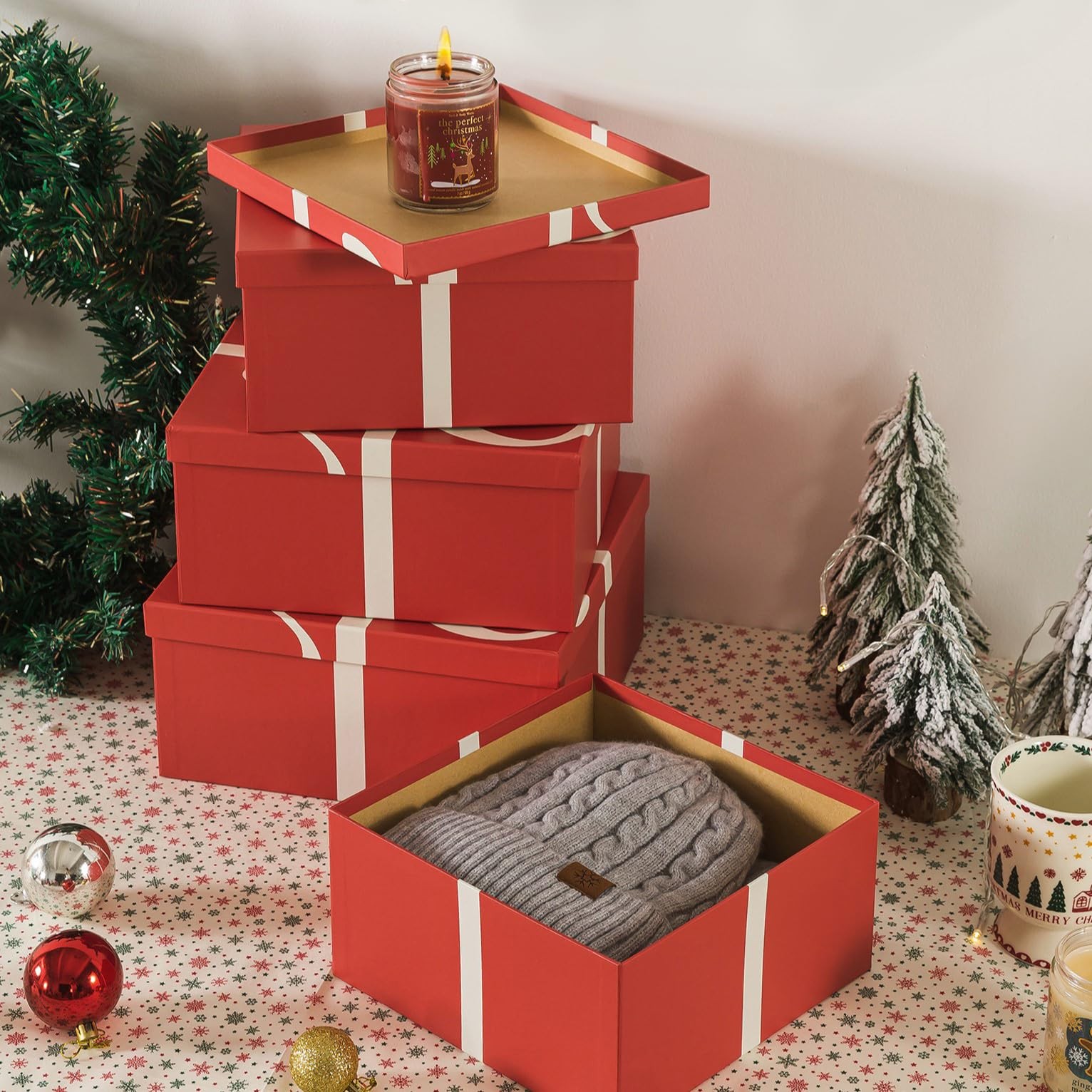 4 PCS Christmas Square Decorative Boxes Lids Set Festive Red Reusable Nesting