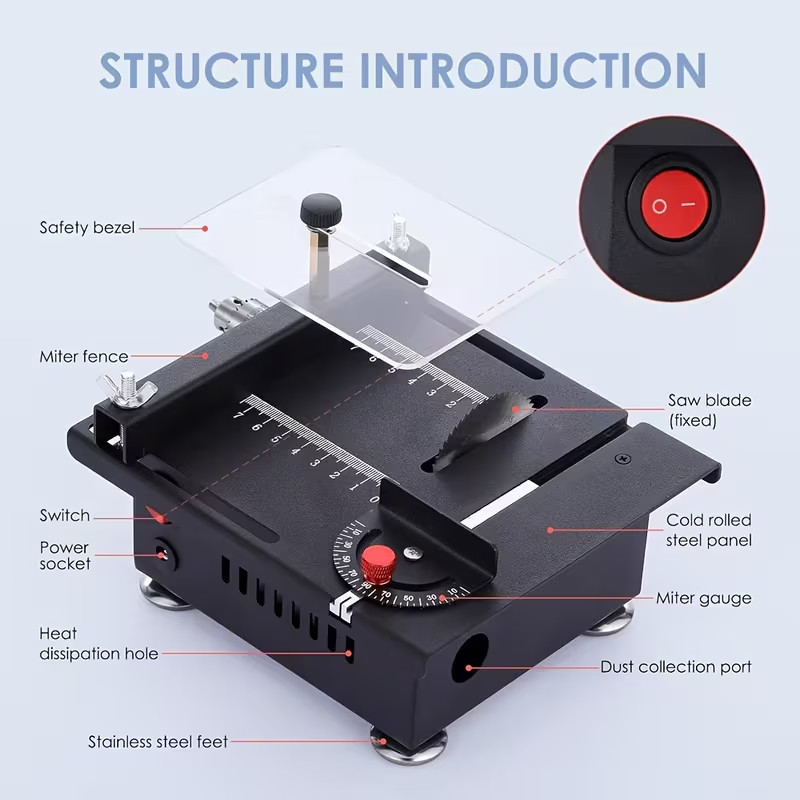 Compact Table Saw, Versatile And Portable, Suitable for Cutting, Sanding, Drill