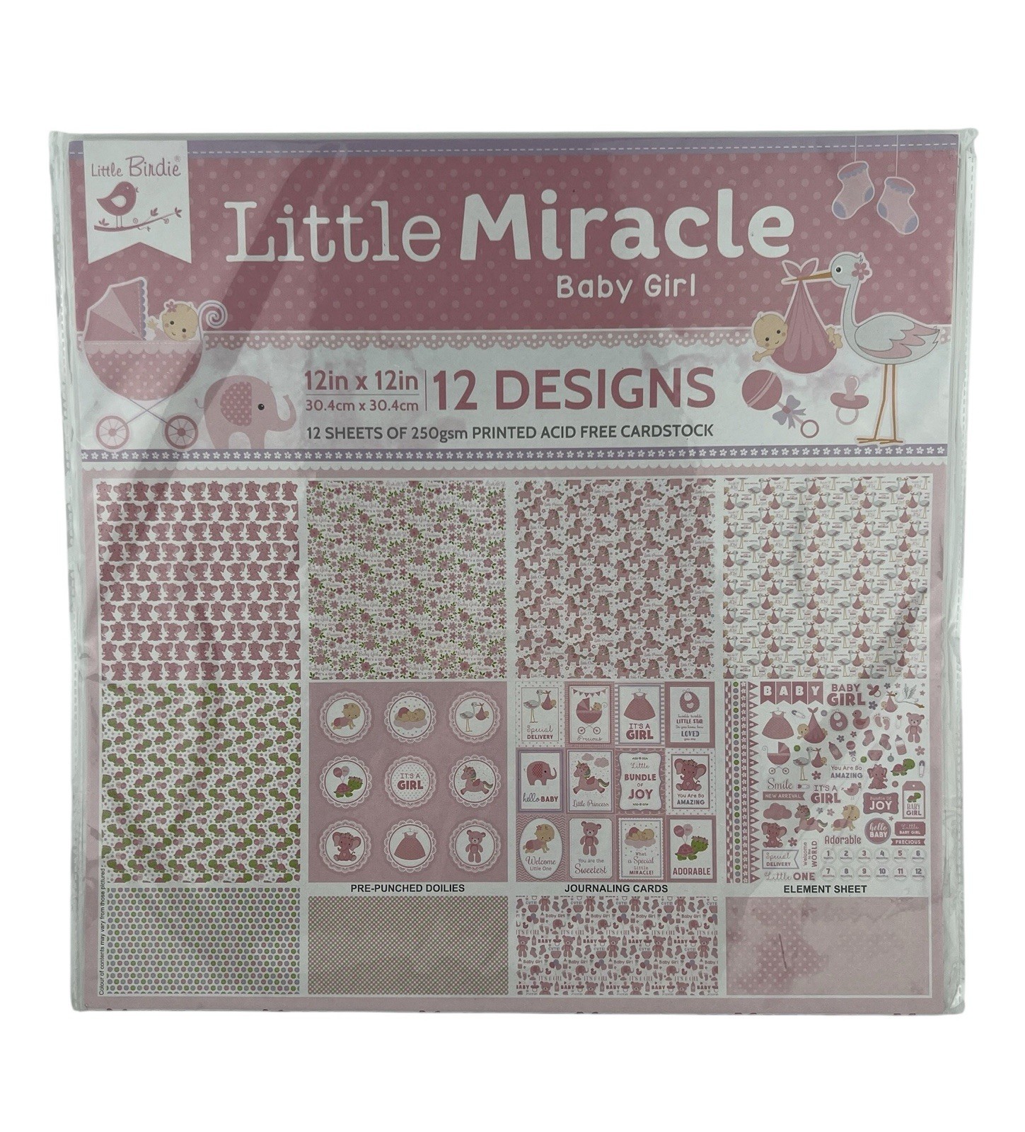 Little Birdie Little Miracle Cardstock Pack 12X12 12/Pkg Baby Girl  12 Designs