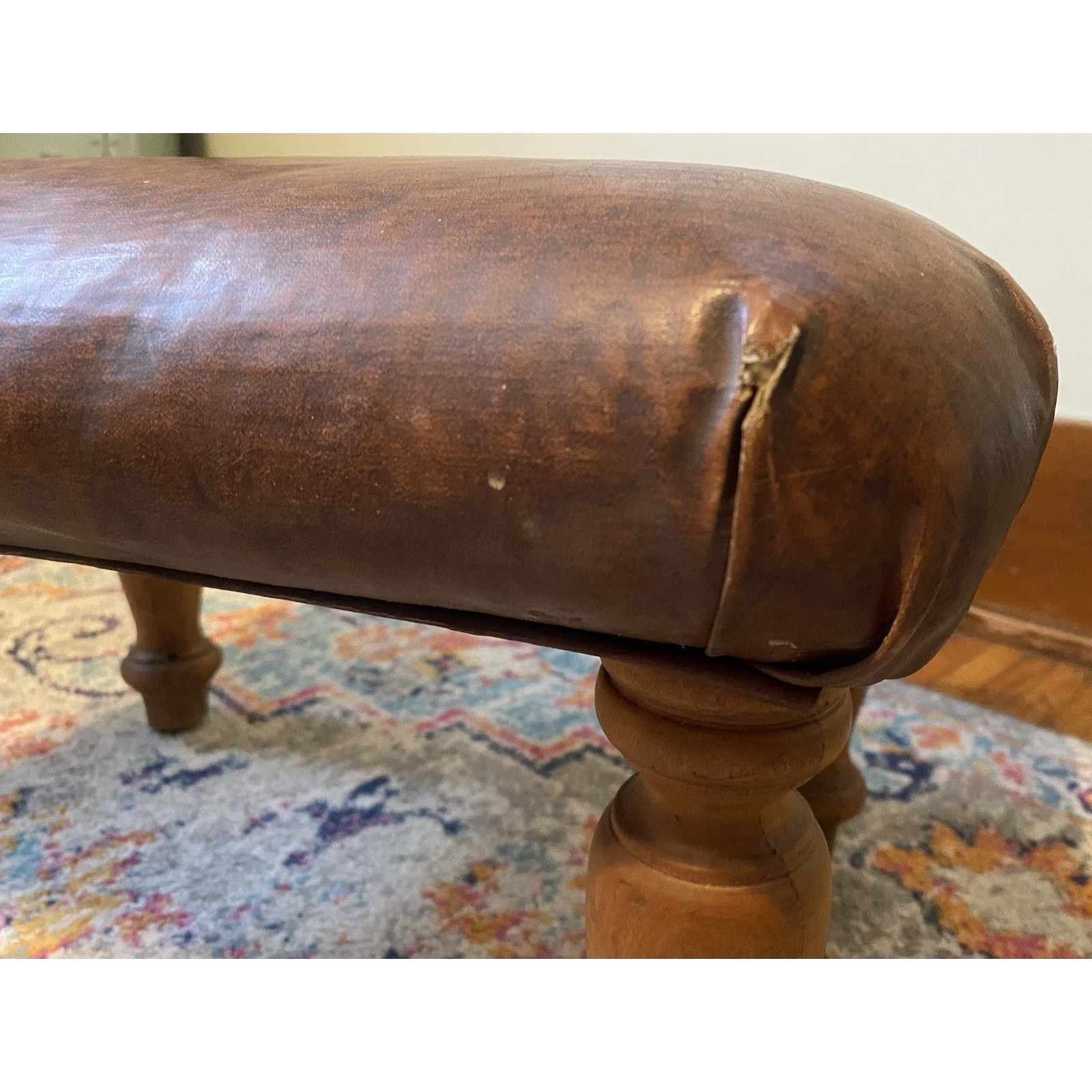 Vintage Maple Wood & Brown Vinyl Upholstered Footstool Carved Legs Dark Academia