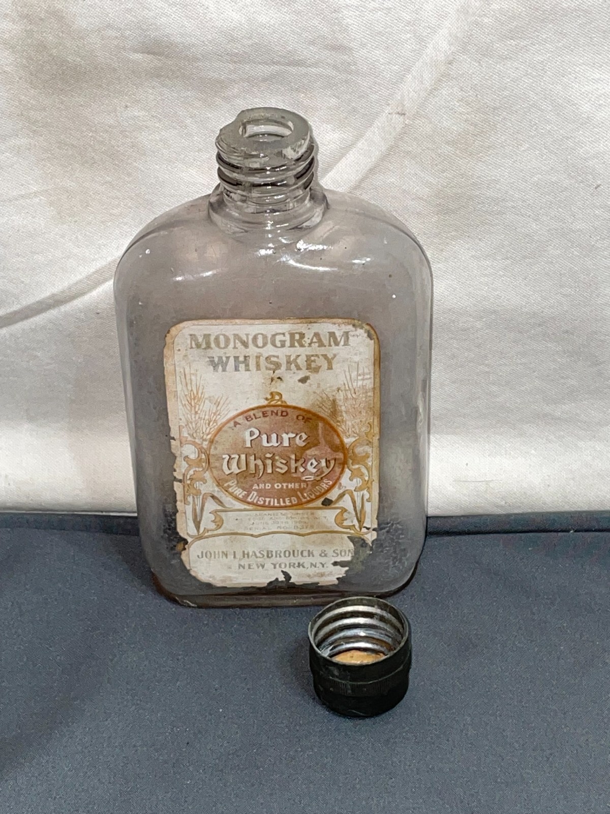 c1906 MONOGRAM WHISKEY Glass Bottle Flask John L Hasbrouck New York PEWTER CAP