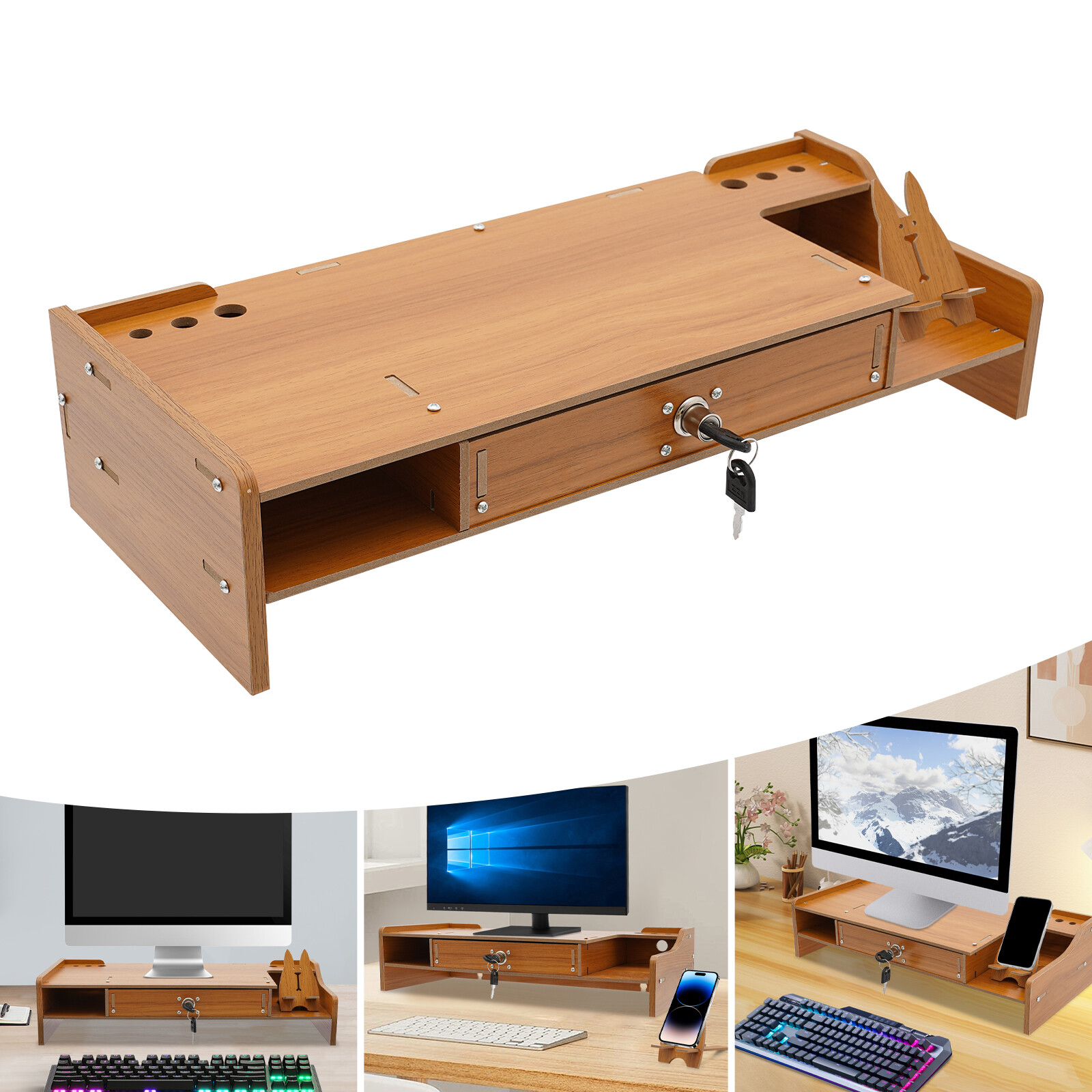 Monitor Stand Riser Computer Laptop Riser Shelf Organizer w/Drawer Phone Holder