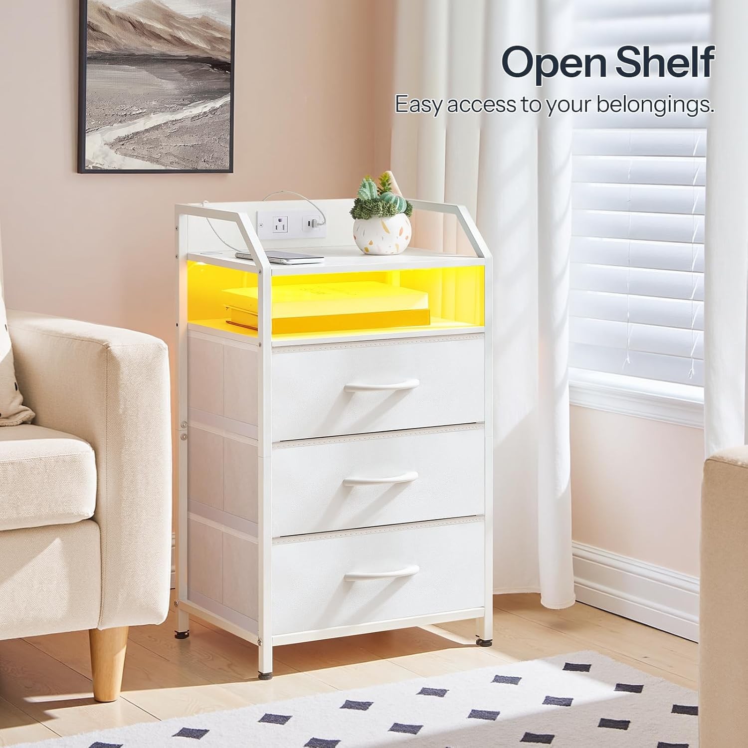HOOBRO Nightstand with Charging Station, Bedside Table 1 AC White