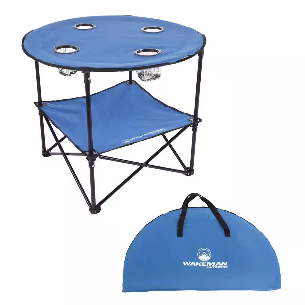 2-Tier Folding Camping Table with 4 Cupholders and Carrying Bag in Blue