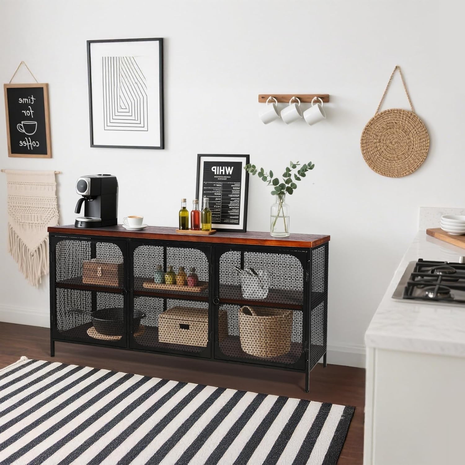 Industrial Stora Console Cabinet with Solid Wood , Bla Metal Mesh