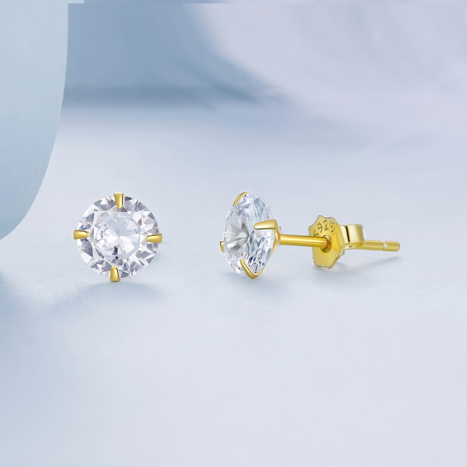 9ct Yellow Gold on Silver  4mm Cubic Zirconia Solitaire Round Stud Earrings