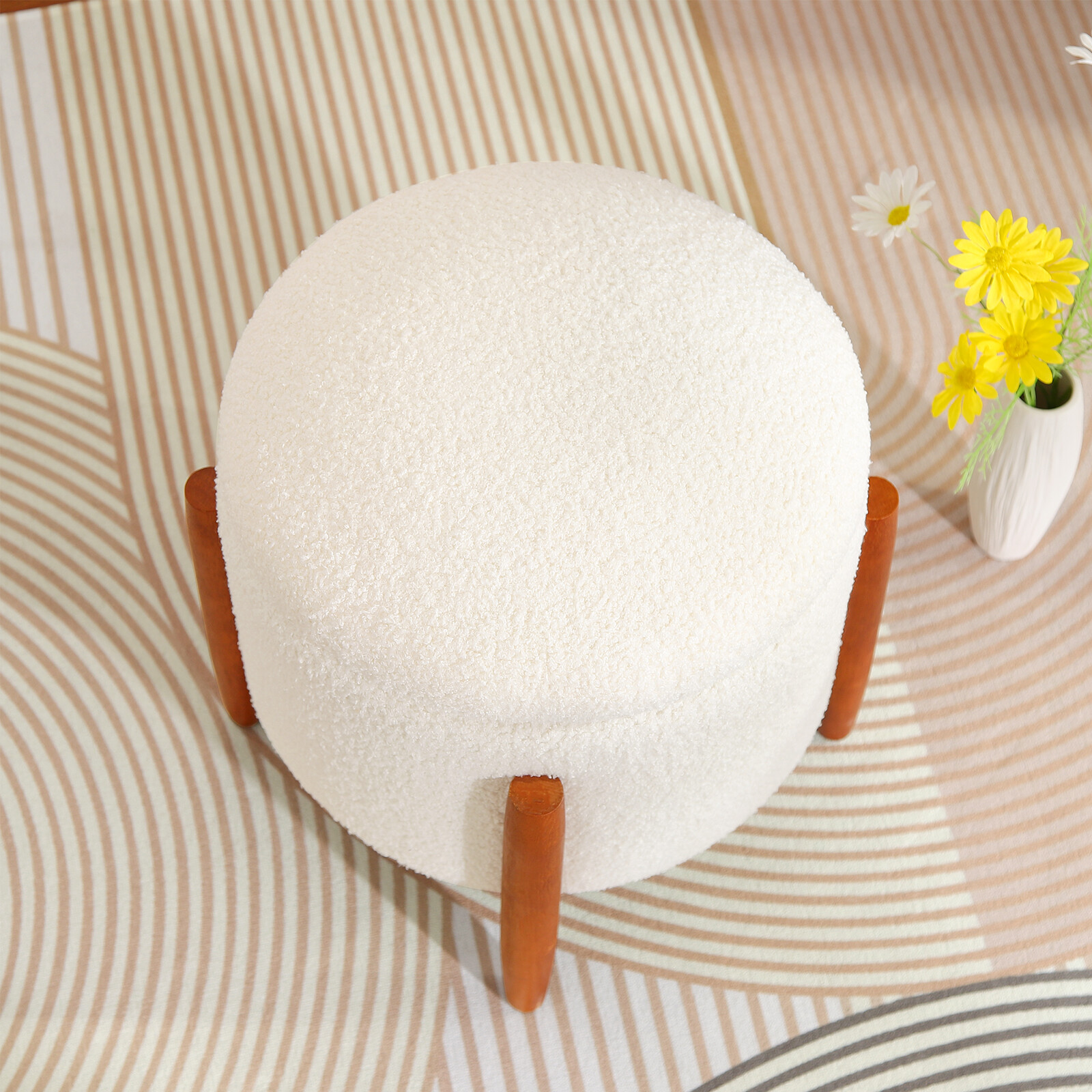 Livingroom Round Storage Ottoman Modern Teddy Velvet Footstool with Wood Legs