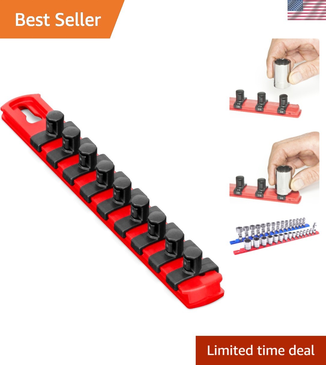 8-Inch Red Socket Organizer Featuring 9 Twist Lock Clips - Durable and Versatile