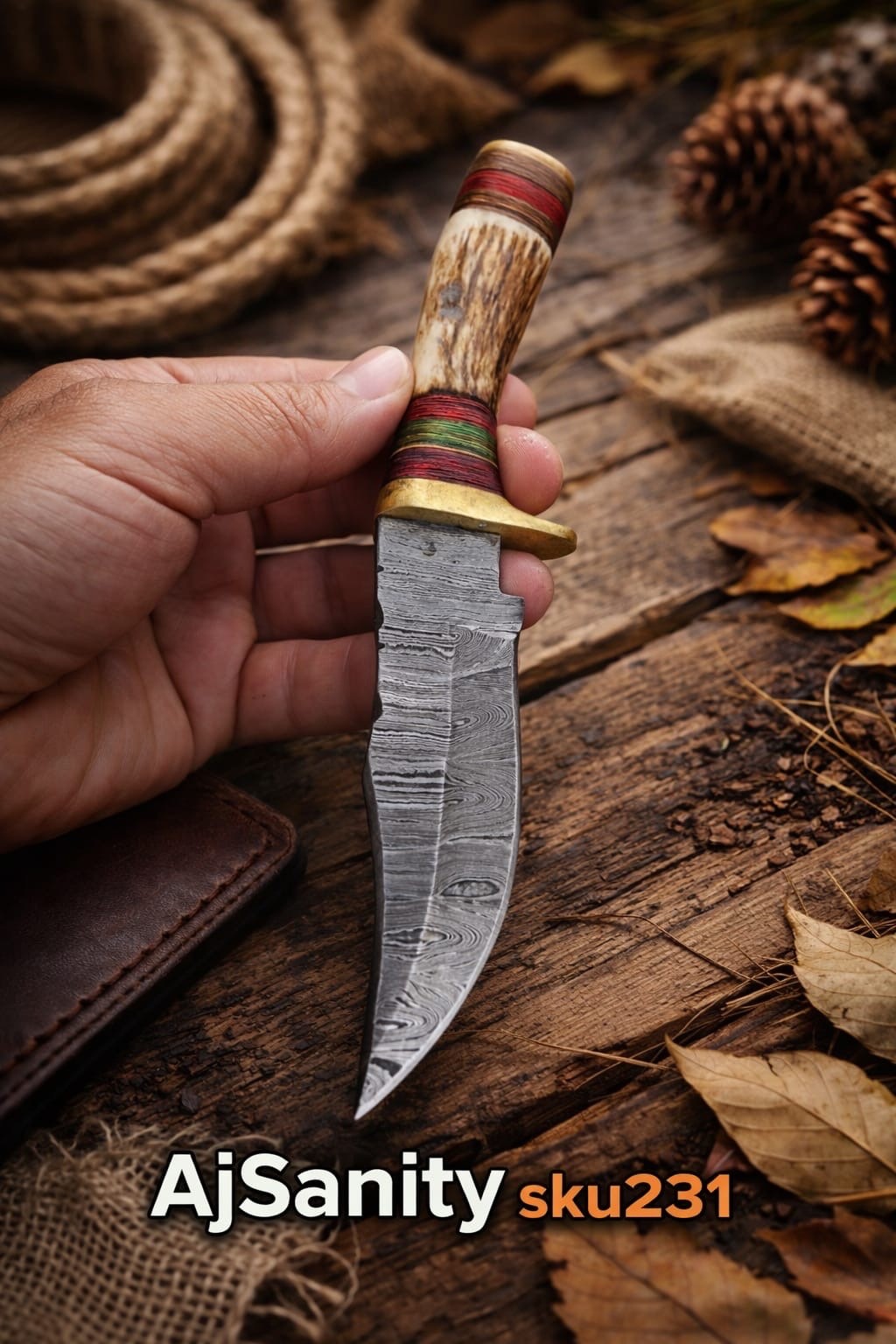 handmade Damascus steel skinner knife stag handle with brass guard edc