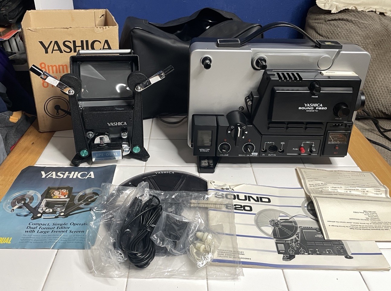 Yashica Sound P820 Movie Projector & 8PE-Dual 8 mm Editor Super 8 Film W/ Extras