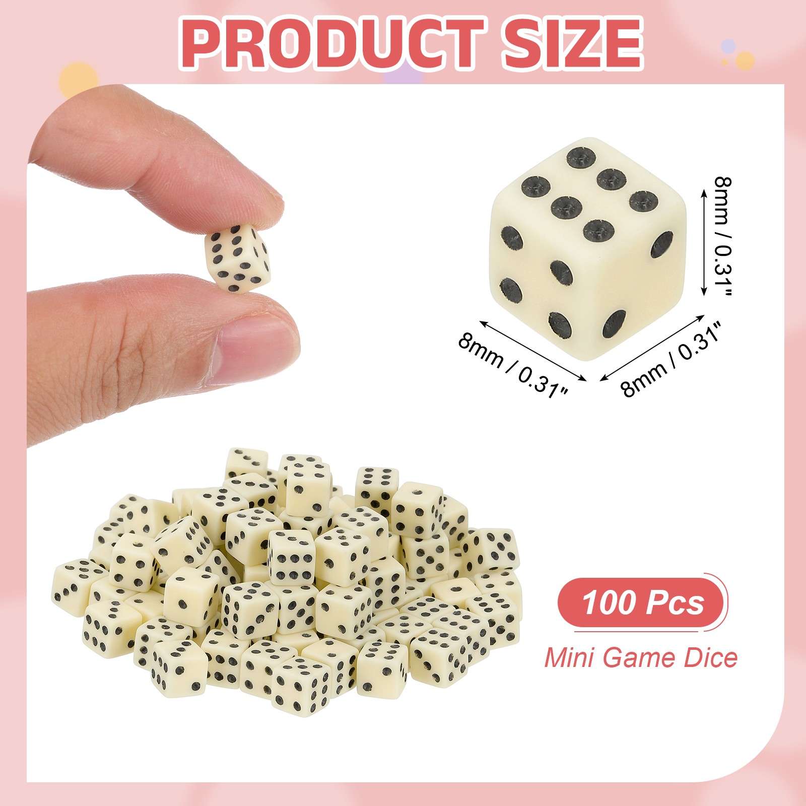 100Pcs Mini Acrylic Polyhedral Dice 8mm 6 Sided Square Corner Dice, Beige