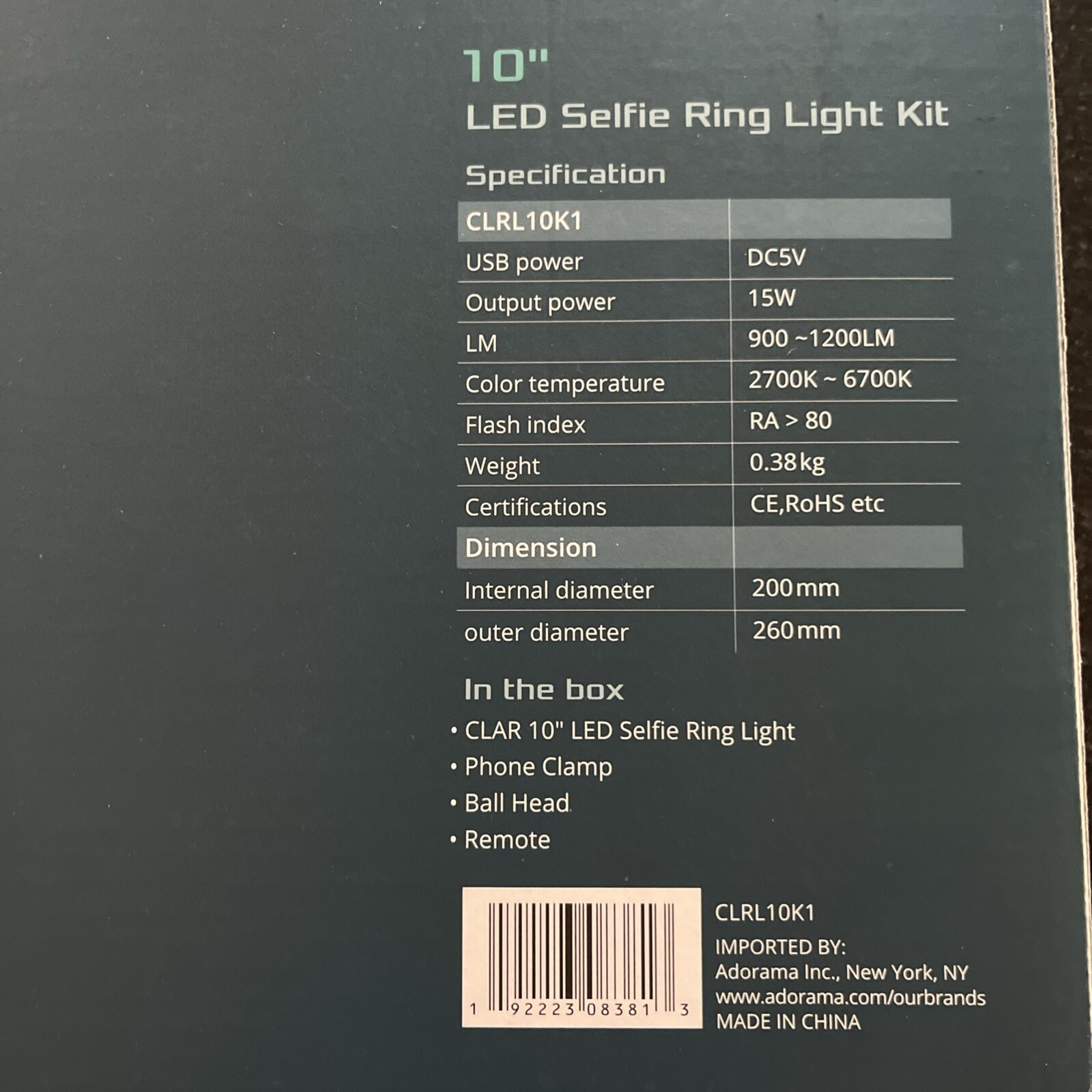 Clar LED SELFIE RING LIGHT WITH CELL CLAMP AND REMOTE 10”