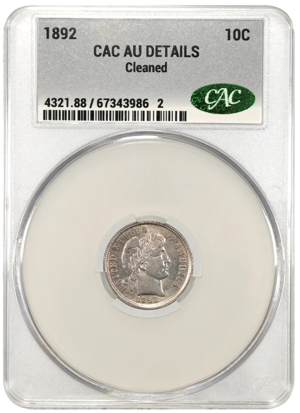 1892 Barber Dime CAC AU Details