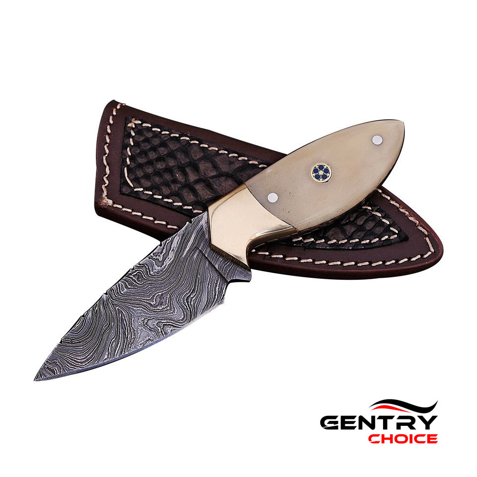 Handmade 7 Inch Damascus Steel Skinner Knife Bone Handle With Leather Sheath