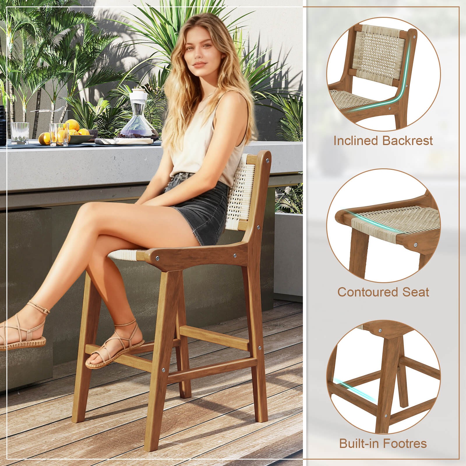 Outdoor Counter Height Bar Stool w/Teak Wood Frame Back &Footrest for Balcony