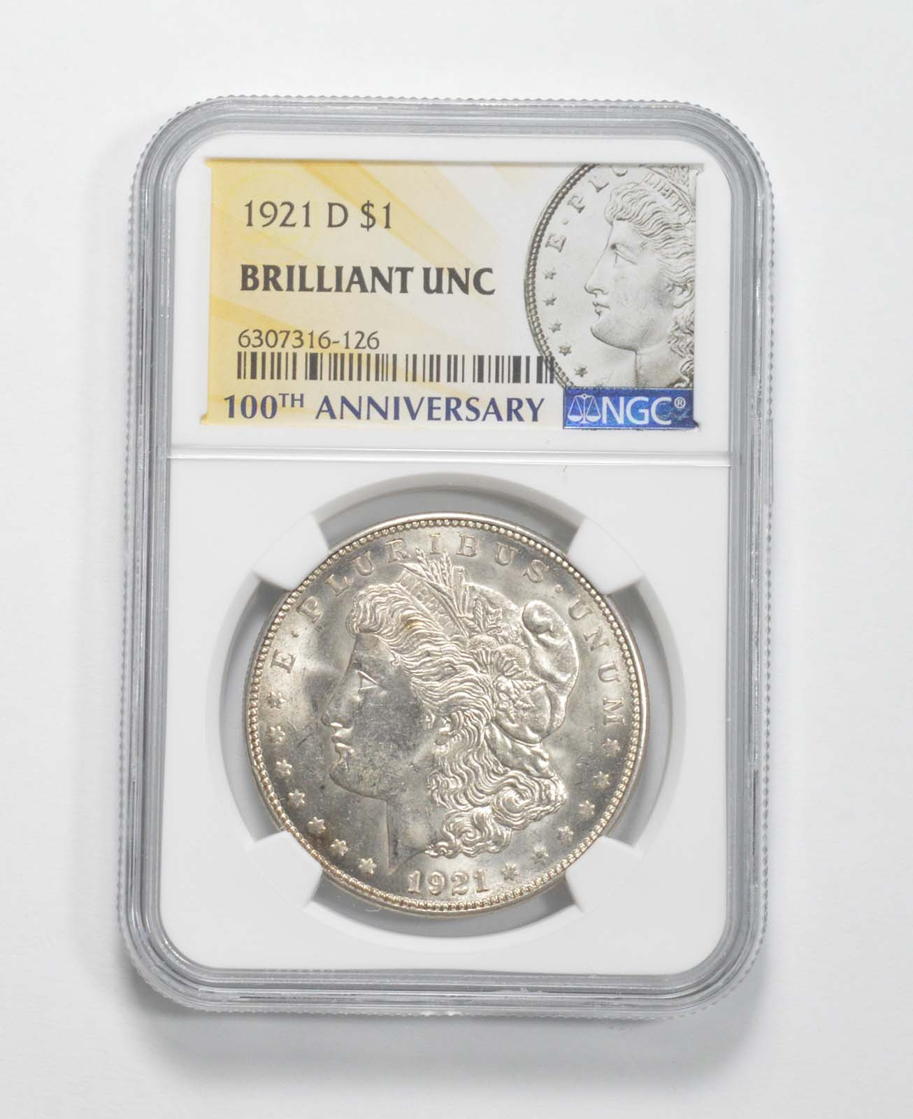 1921-D Morgan Silver Dollar MS Brilliant Unc NGC 100th Anniv 2021 Label