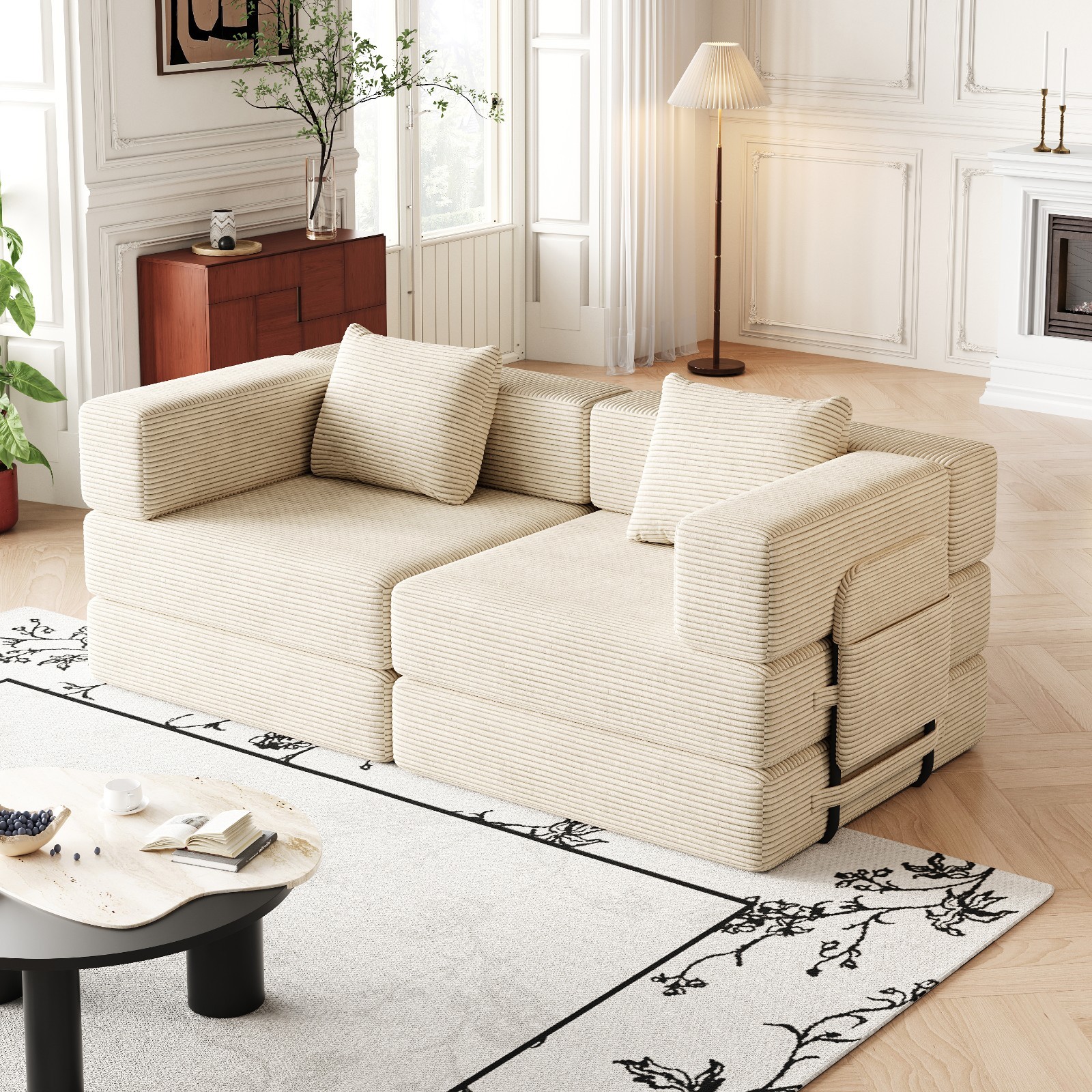 72in convertible sofa bed, corduroy fabric sofa comfortable folding sofa Beige