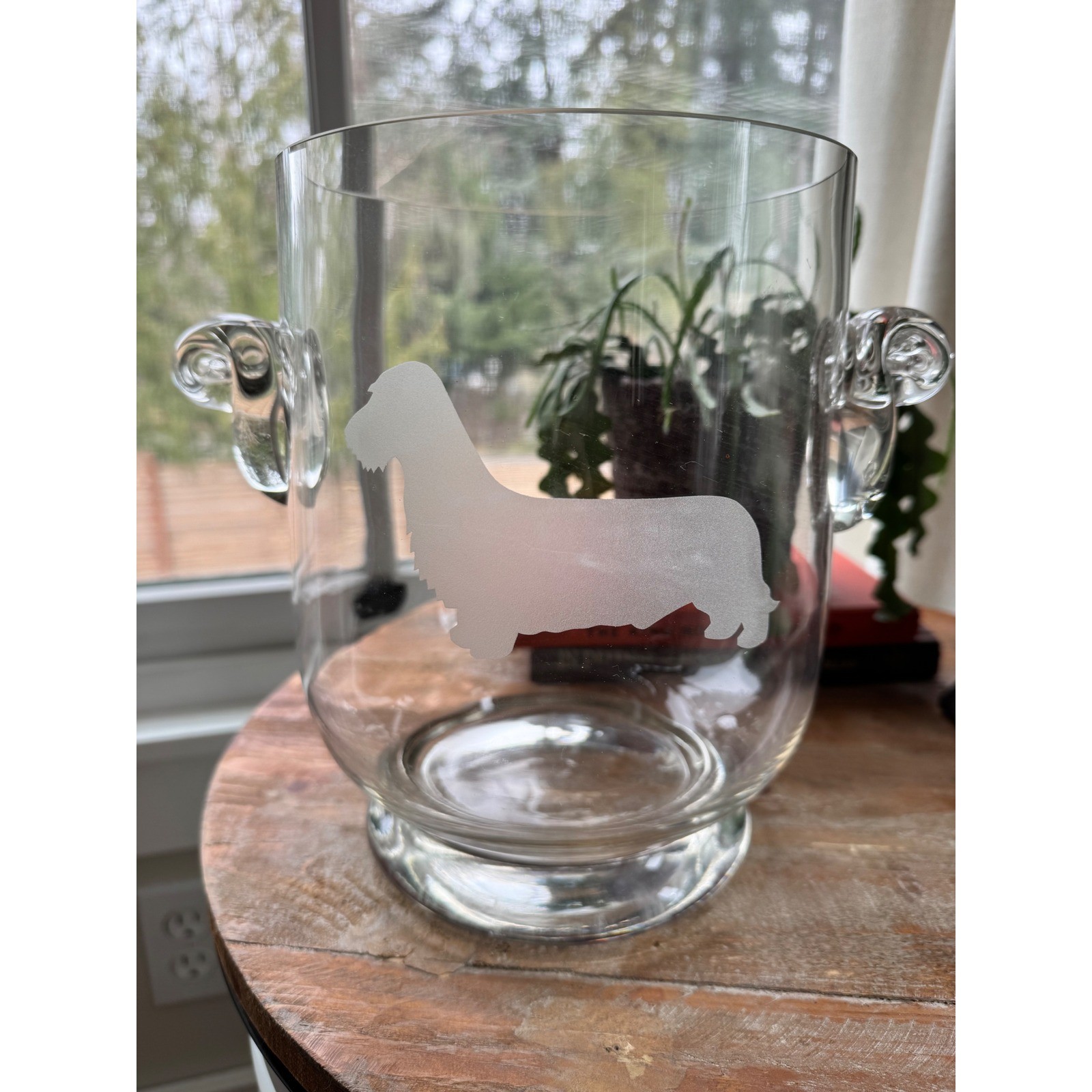 Vintage Etched Dachshund Ice Bucket Wine Chiller Scroll Handles Weiner Dog Gift