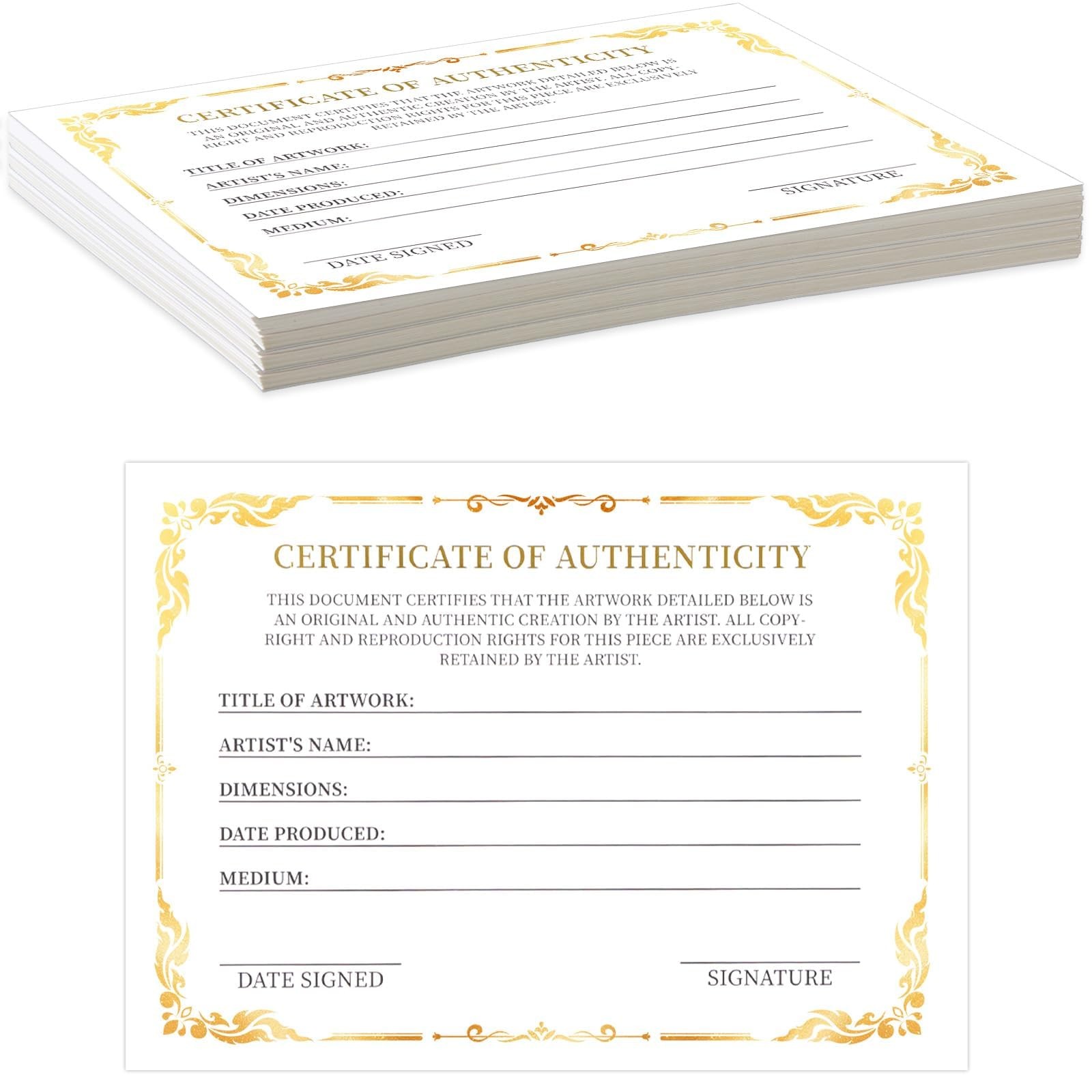 12 Pieces 5 x 7 Inch Certificate of Authenticity Gold Foil Premium White