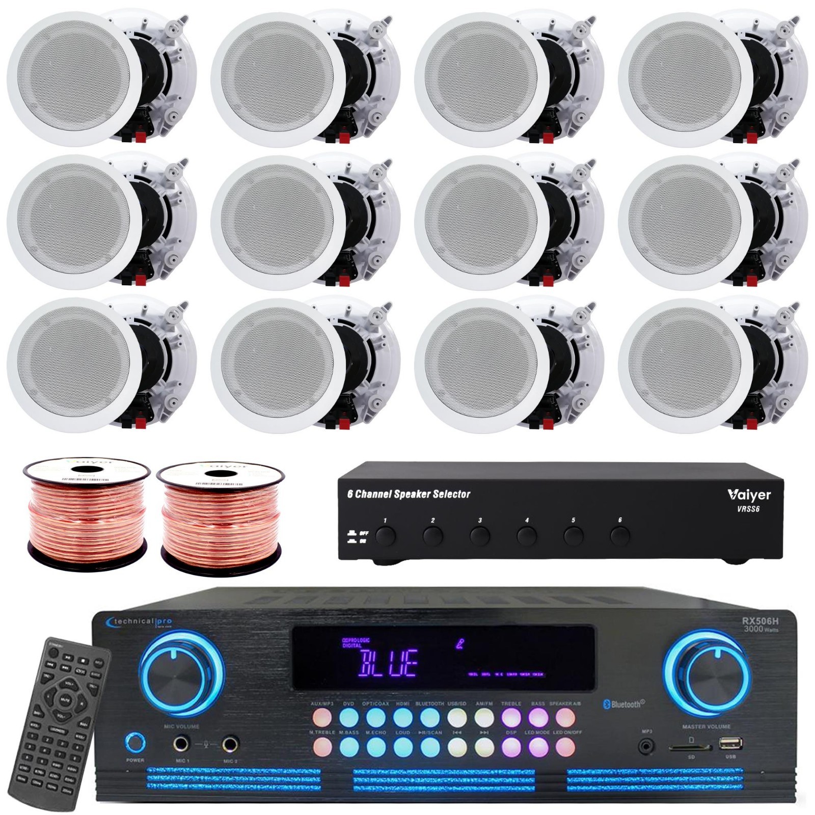 Vaiyer 2000W Sound System Kit w/12x 5.25"x175w Ceiling Speakers, Selector & Wire