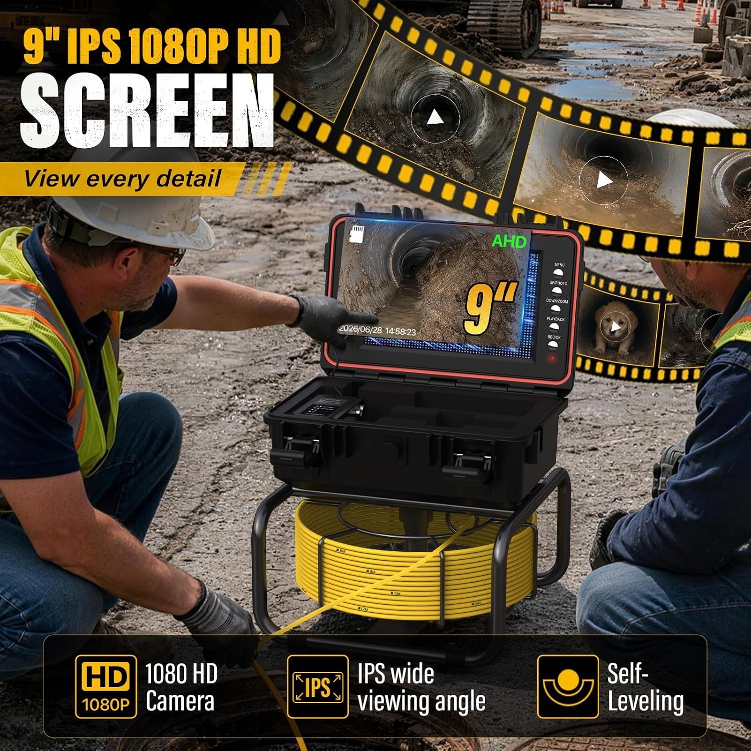 High-Performance 100FT Self-Leveling Pipe Camera with 5x Zoom & 10-Hour Battery