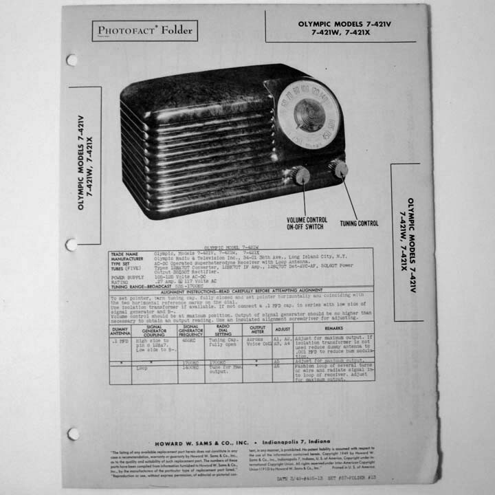 Olympic Models 7-421V 7-421W 7-421X - SAMS Photofact ™ 1949 - New NOS