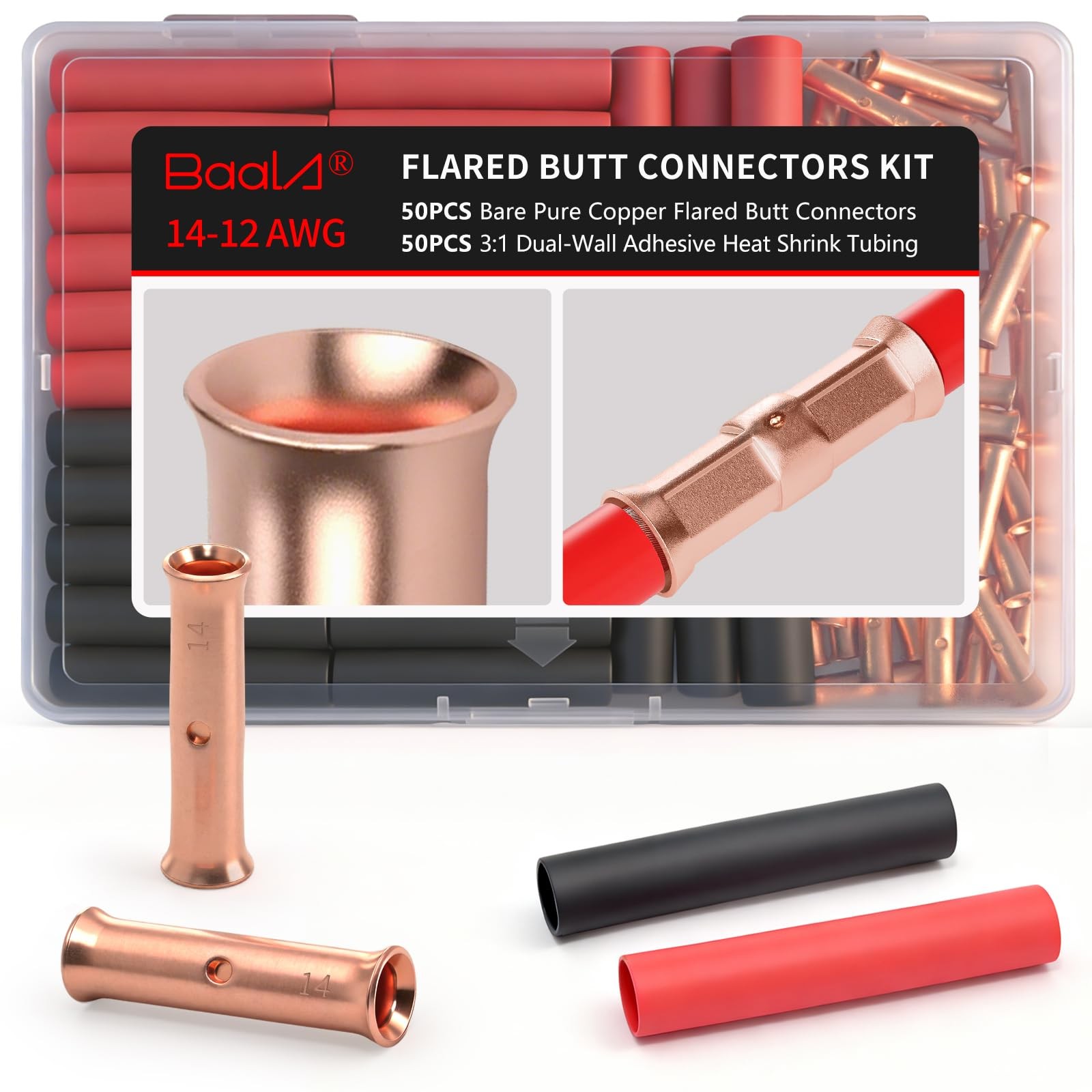 50 PCS 14-12 Gauge Flared Barrel Butt Connectors Crimp 31 Heat Shrink Tubes