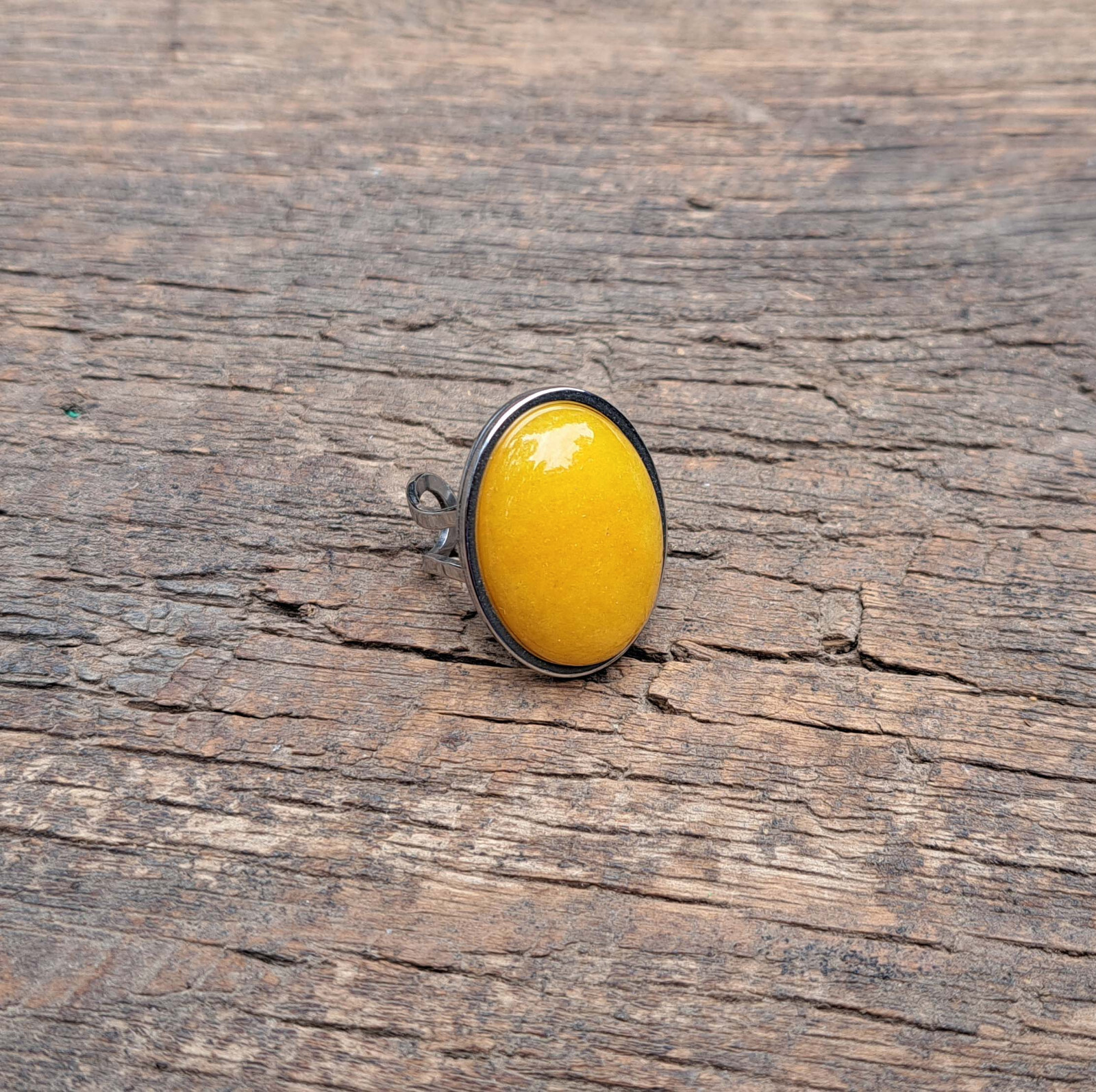 Gorgeous Yellow Agate Adjustable Size Stainless Steel Statement Ring - Handmade